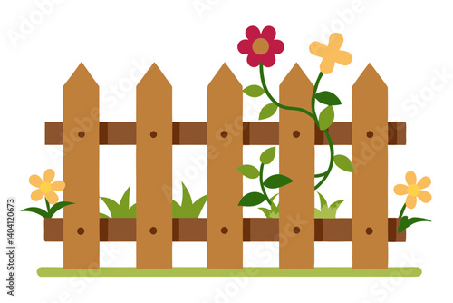 Illustration of a rustic wooden fence with floral and plant elements