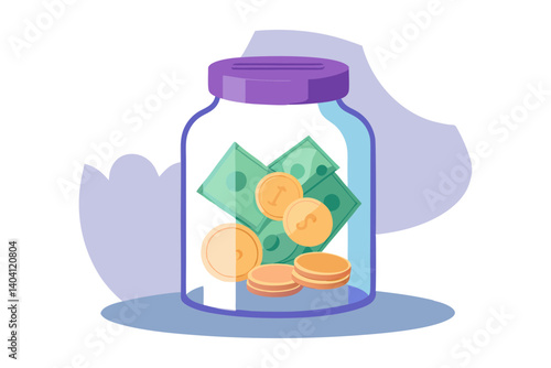 Transparent jar filled with coins and banknotes labeled savings
