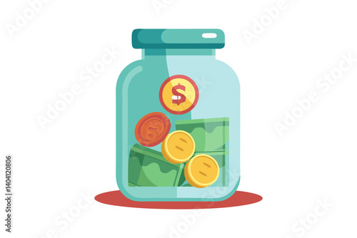 Jar filled with coins and banknotes labeled savings in vector art