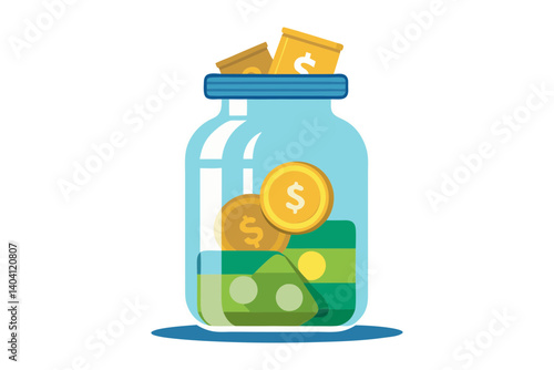 Vector of transparent jar filled with savings coins and banknotes
