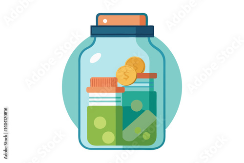 Savings jar vector illustration with coins and banknotes inside