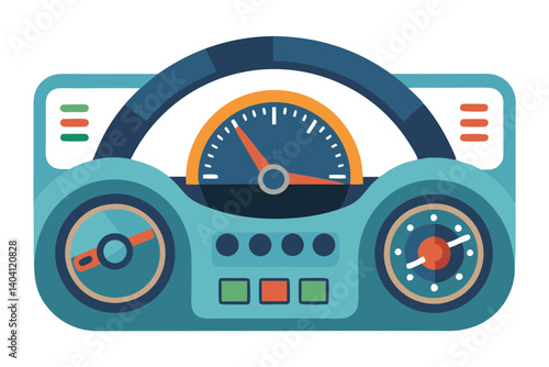 Illustration of car dashboard with speedometer and control features