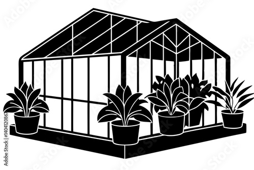 Glass greenhouse filled with vibrant plants in vector art