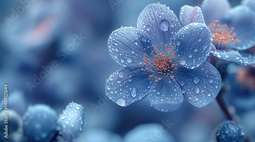 Blue Blossom Flower with Dew Drops in Soft Focus Macro Photography