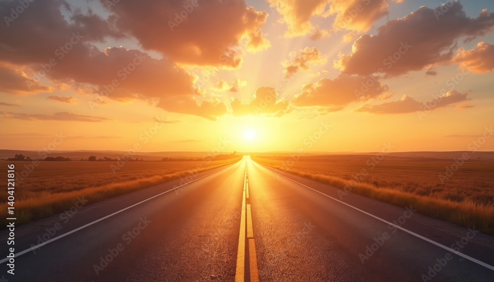 Naklejka premium Long straight asphalt road leads to sunset horizon. Bright sun illuminates sky, clouds above empty highway. Concept travel, journey, freedom, trip, vacation, forward way, success.