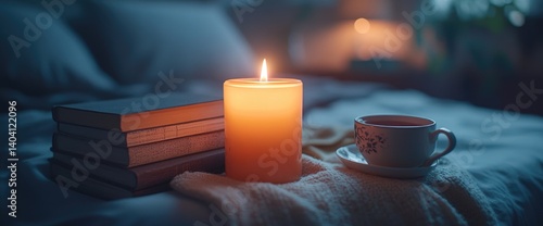 Cozy bedtime candlelight, books, tea