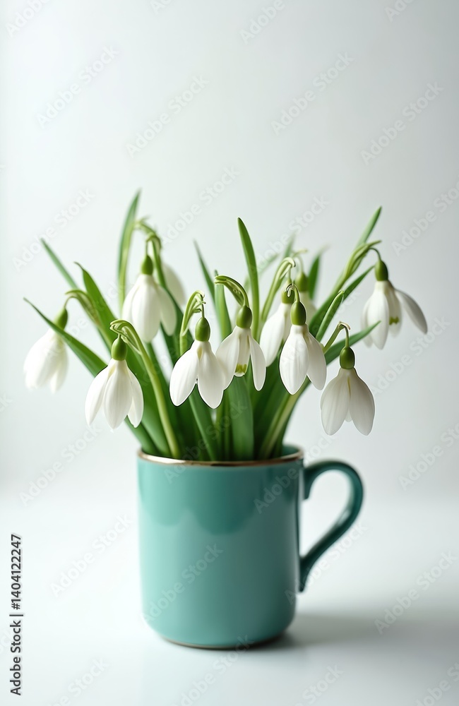 Snowdrops in teal cup on white background. Spring flowers, white petals, green leaves. Early spring bloom, fresh flowers for decoration, gift, card invitation. Symbol of hope, new beginnings, purity. Snowdrops in teal cup on white background. Spring flowers, white petals, green leaves. Early spring bloom, fresh flowers for decoration, gift, card invitation. Symbol of hope, new beginnings, purity.