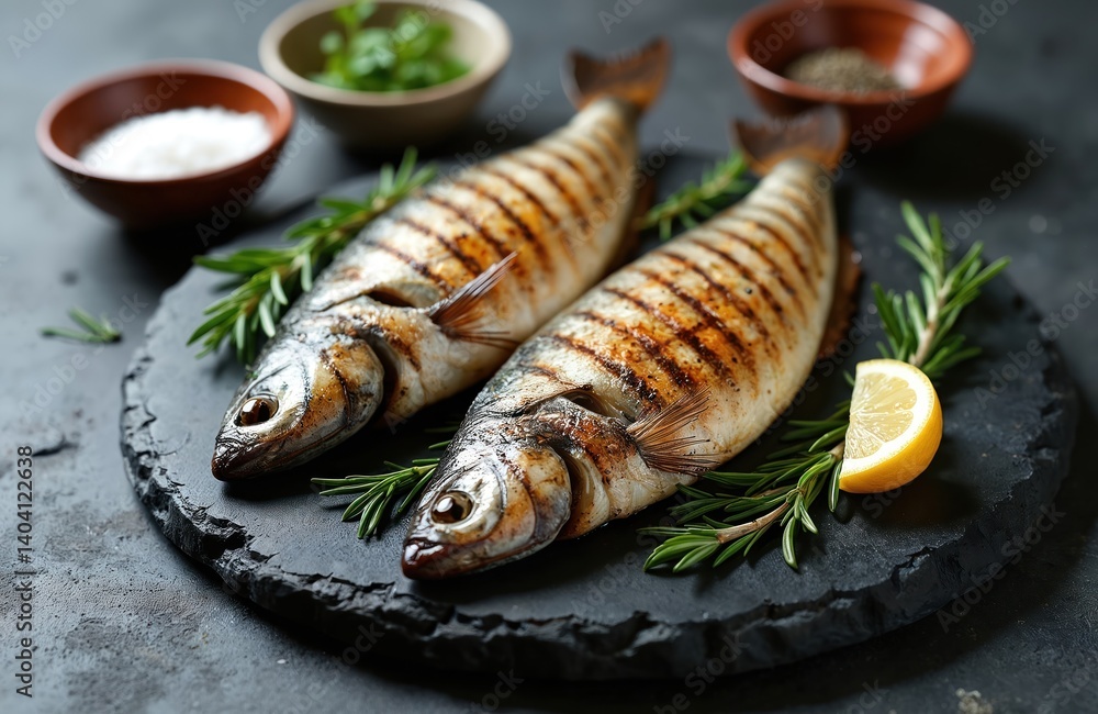 Grilled mackerel fish on stone board. Decorated with rosemary and lemon, seasoned with spices. Healthy seafood meal, delicious food at restaurant or home cook. Culinary concept, dinner plate. Grilled mackerel fish on stone board. Decorated with rosemary and lemon, seasoned with spices. Healthy seafood meal, delicious food at restaurant or home cook. Culinary concept, dinner plate.