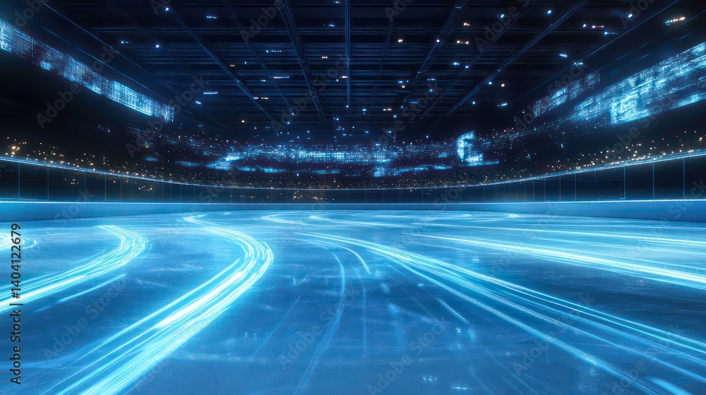 Abstract light trails on a dark ice rink, futuristic setting. Abstract light trails on a dark ice rink, futuristic setting.