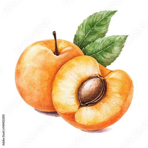 Apricot Halved With Seed Visible, vector watercolor illustration, isolated on a white background.