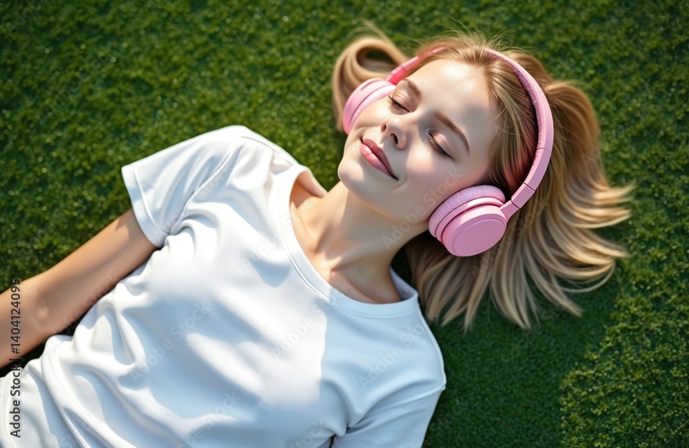 Young caucasian girl lies on artificial lawn listening music, podcasts with closed eyes. Woman wears white T-shirt pink headphones, relaxes, enjoys leisure time, rests in park. Lifestyle, modern tech.