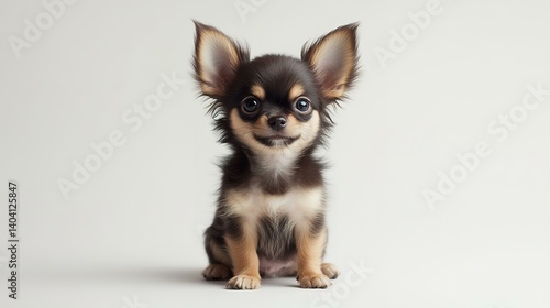Cute long-haired Chihuahua puppy sitting on white background
