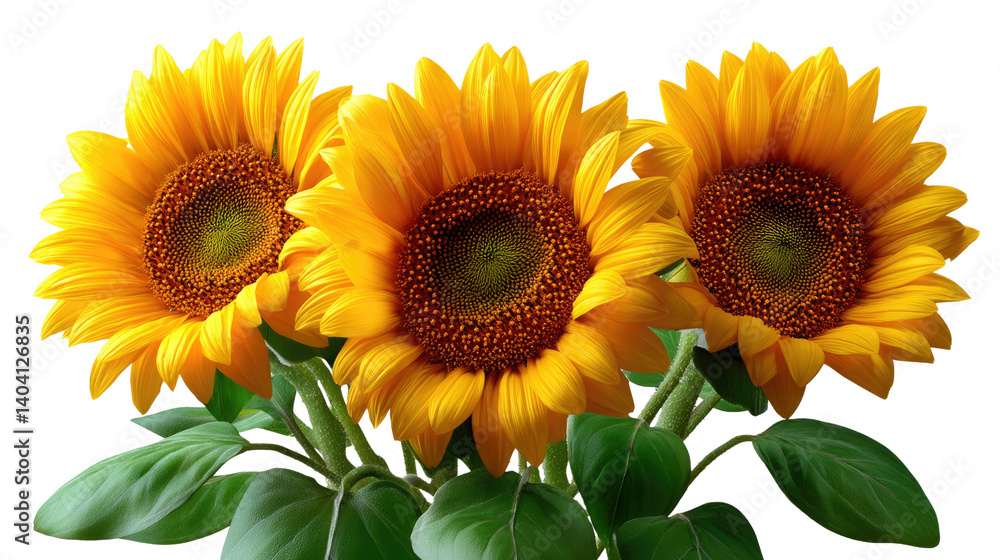 Obraz premium Golden Trio: Captivating shot of three radiant sunflowers in full bloom, their vibrant yellow petals and rich brown centers creating a stunning visual symphony.