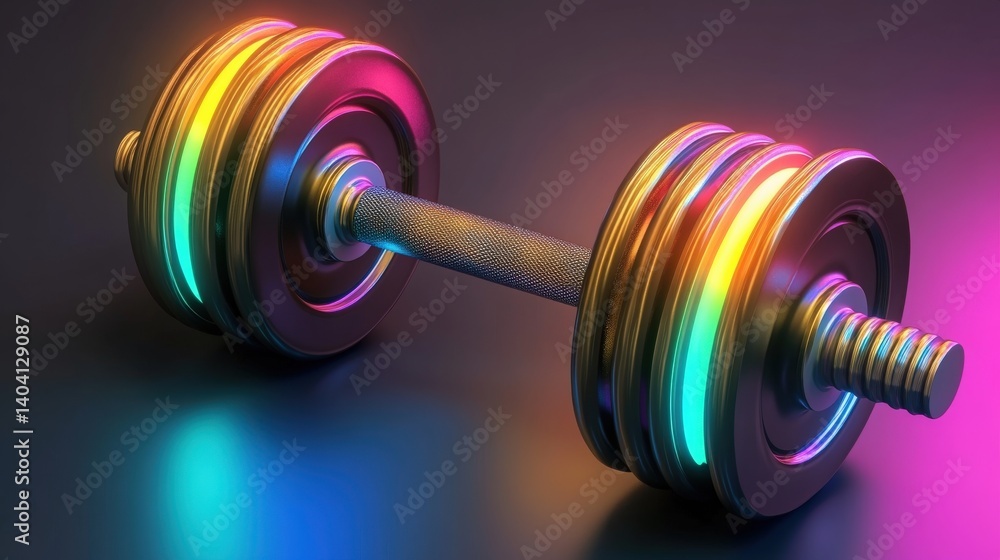 Colorful illuminated dumbbell on a sleek surface, showcasing vibrant reflections and shadows Colorful illuminated dumbbell on a sleek surface, showcasing vibrant reflections and shadows