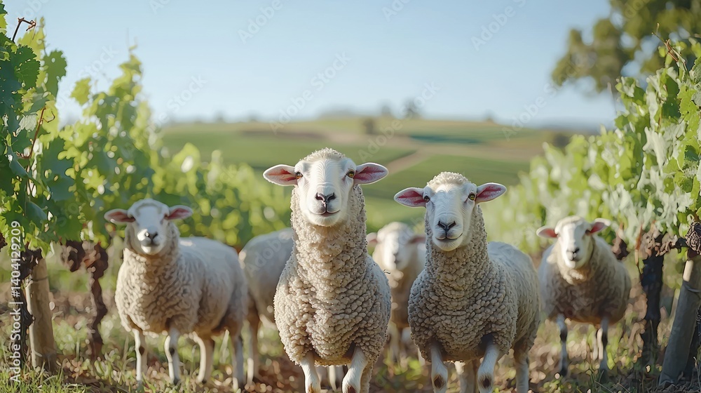 Fototapeta premium Five Sheep in Vineyard Setting