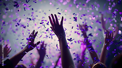 Silhouetted Hands Reaching Upward Amidst Falling Purple Confetti During Nighttime Celebration