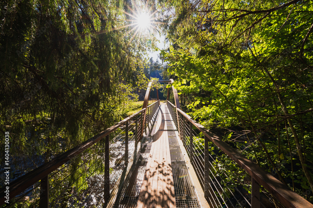 Fototapeta premium Footbridge with wooden decking crosses the river through a sunny green forest during summer.