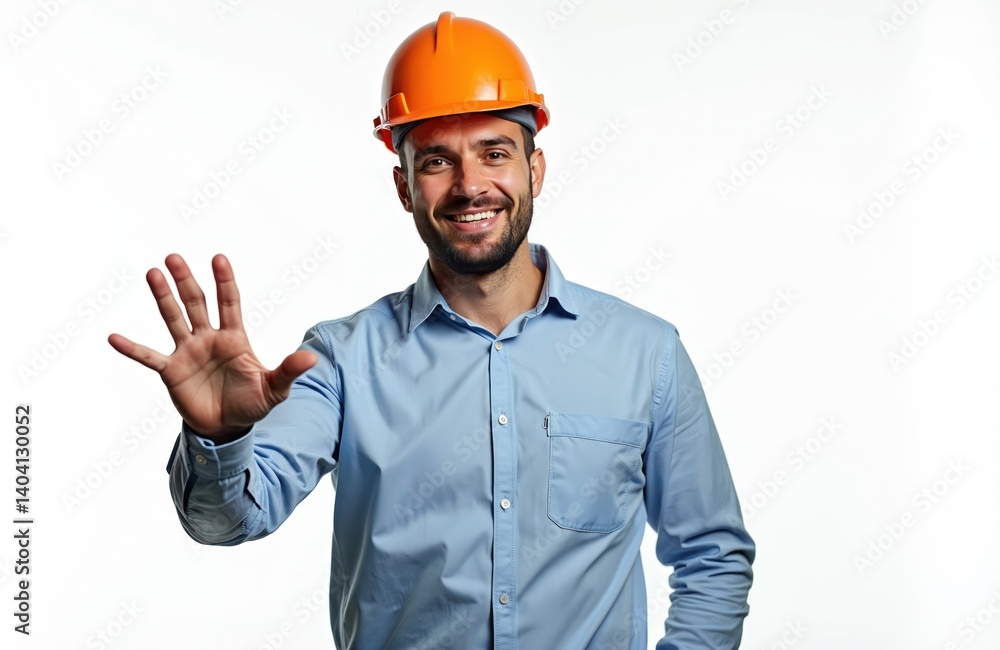 Smiling builder wearing orange hard hat showing five fingers. Happy architect, construction worker or engineer, isolated on white background. Positive emotions concept. Smiling builder wearing orange hard hat showing five fingers. Happy architect, construction worker or engineer, isolated on white background. Positive emotions concept.
