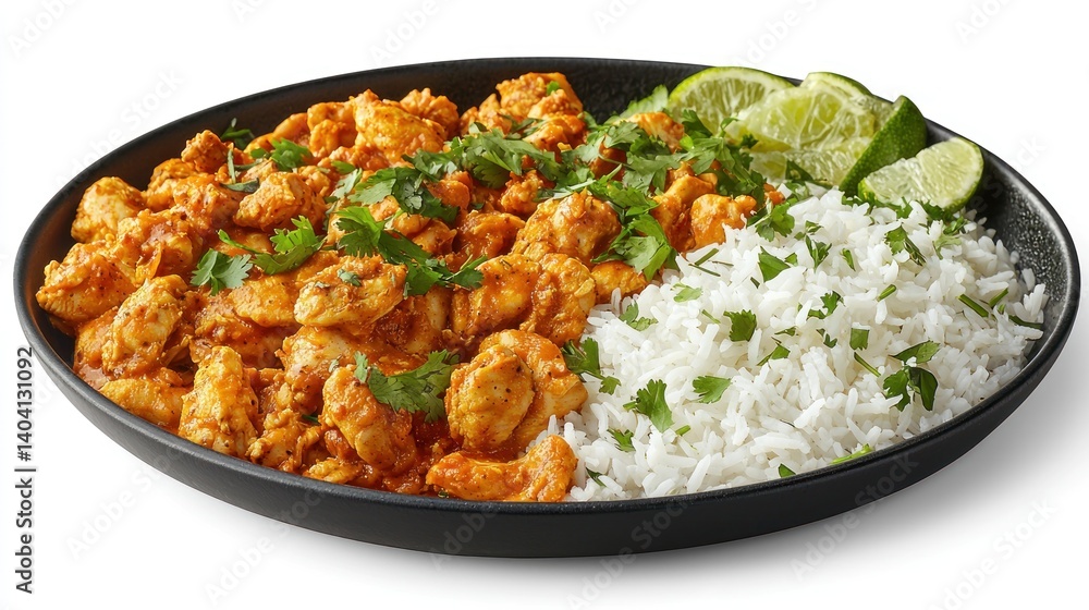 A plate of spicy chicken chettinad with fragrant rice, garnished with cilantro A plate of spicy chicken chettinad with fragrant rice, garnished with cilantro
