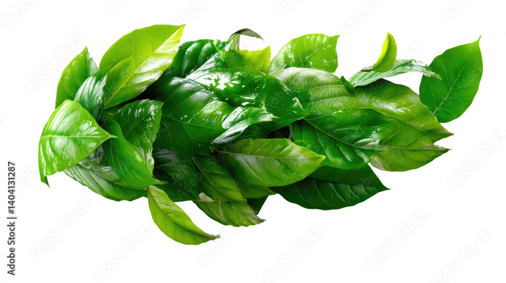 Fototapeta premium Green Tea Leaves: Lush, vibrant green tea leaves, glistening with moisture, arranged in a dynamic, flowing composition.