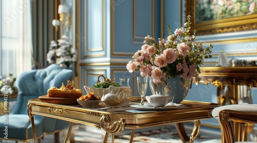 Elegant afternoon tea setup in a luxurious room with floral arrangements and gourmet treats
