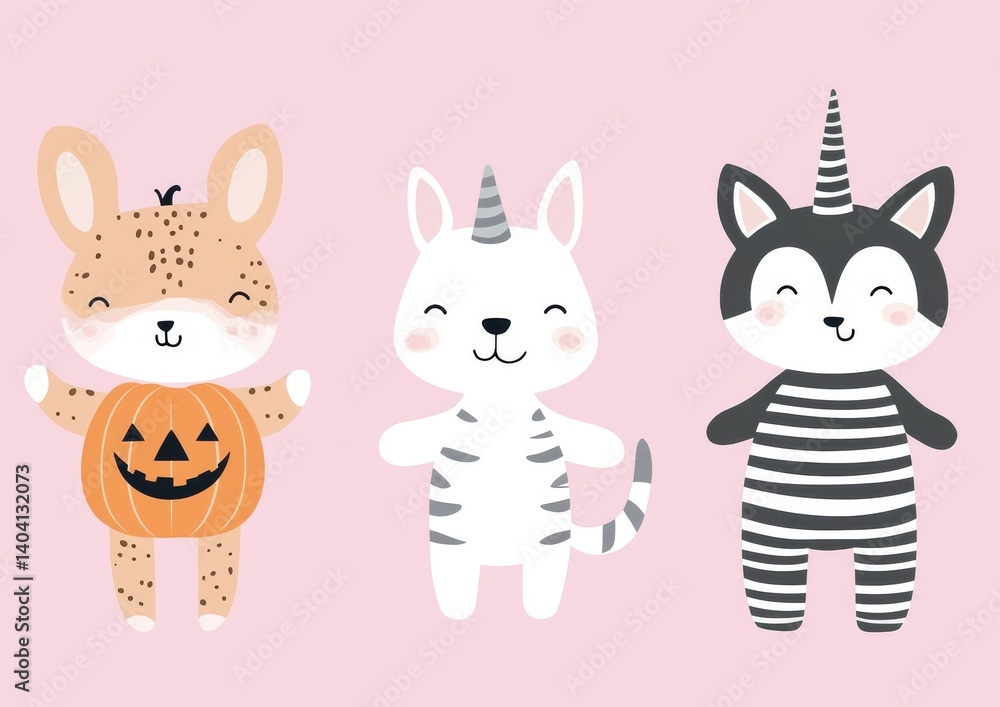 Naklejka premium The modern Halloween day features cute animals in a cartoon collection, complete with Halloween costumes, pumpkins, imps, wings, and unicorns, all set in an autumn festival