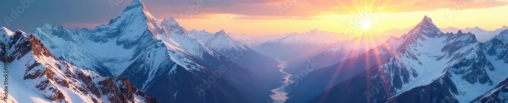 Obraz premium Sunlit snow-capped mountains, vast valley below , panorama, Patagonia
