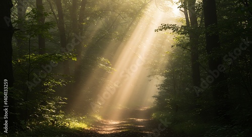 Sunlight Streams Through Dense Forest on Path Creating Magical Atmosphere