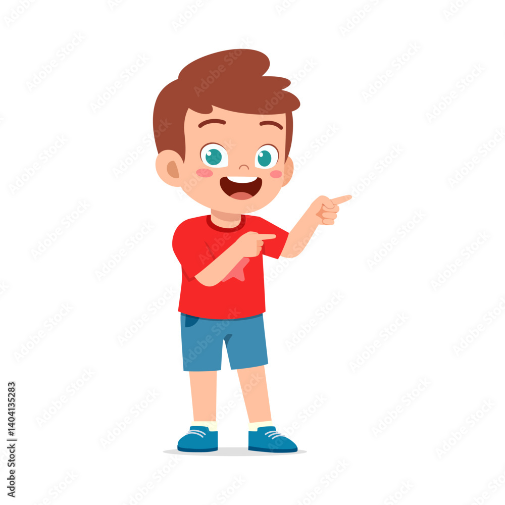 Happy Little Boy Pointing with Fingers with Smiling Face in Red Shirt Cartoon Illustration Happy Little Boy Pointing with Fingers with Smiling Face in Red Shirt Cartoon Illustration