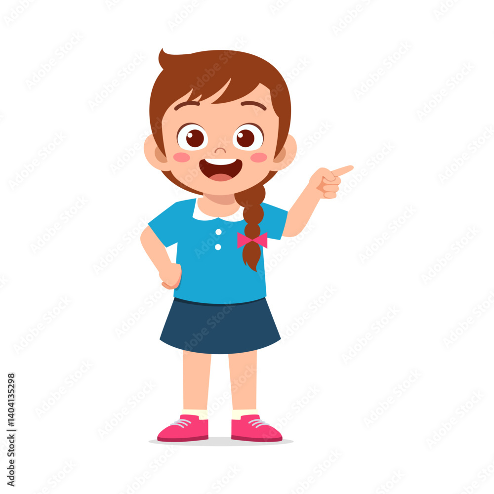 Happy girl standing and pointing to the side with a smile wearing blue dress illustration Happy girl standing and pointing to the side with a smile wearing blue dress illustration