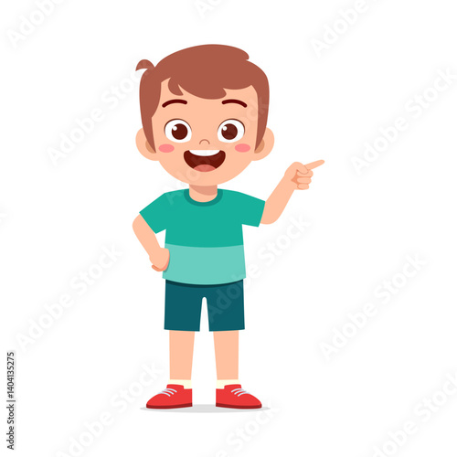 Happy Boy Pointing to The Right Side with Smiling in Cartoon Illustration Style Isolated