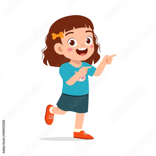 Happy Little Girl Pointing Finger with Cheerful Expression in Cartoon Illustration