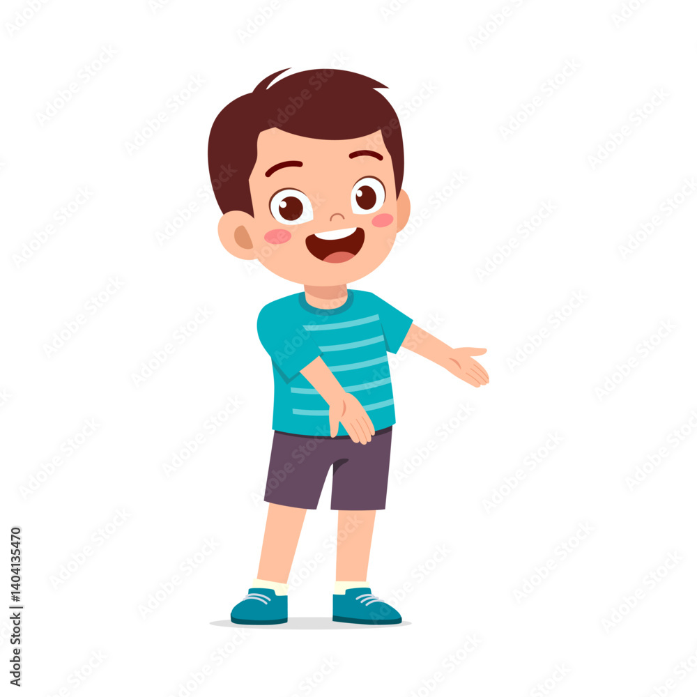 Happy Young Boy Smiling with Arms Open, Presenting or Welcoming in Cartoon Illustration Happy Young Boy Smiling with Arms Open, Presenting or Welcoming in Cartoon Illustration
