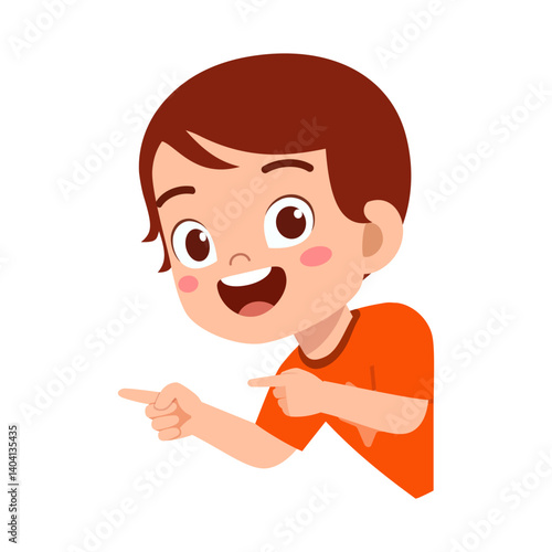 Happy Young Boy Pointing Fingers at Something with Joyful Smile in Cartoon Illustration