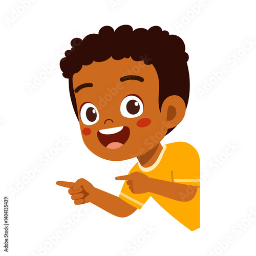 Happy Boy Pointing Sideways with Cheerful Expression and Yellow Shirt on White Background