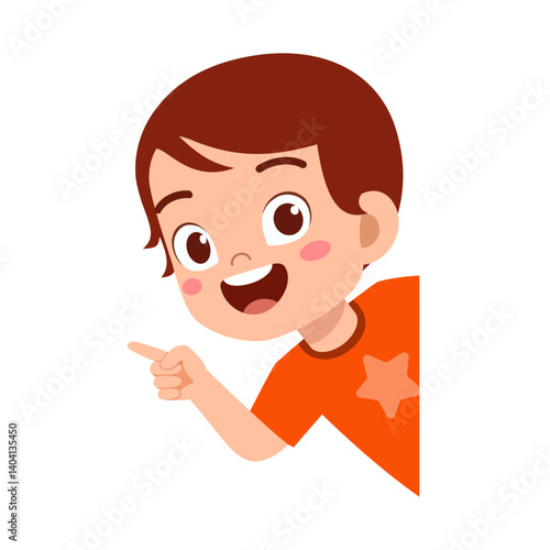 Happy Boy Pointing with Orange Shirt and Star on White Background Illustration