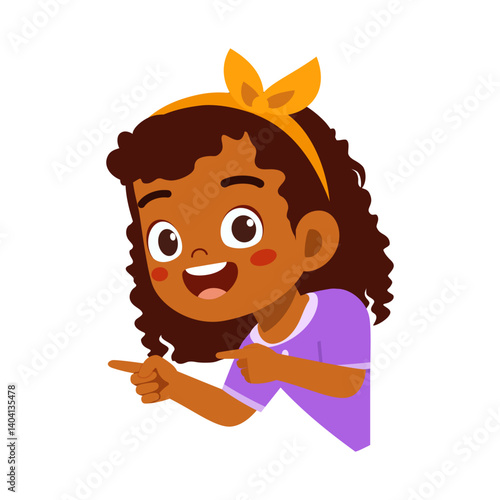 Happy Little Girl Pointing Fingers Sideways with Cheerful Expression Illustration