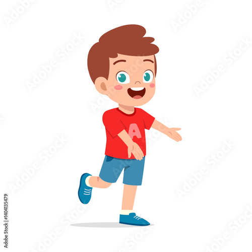 Happy Little Boy Extending Arms, Wearing Red T-Shirt and Blue Shorts in Cartoon Style