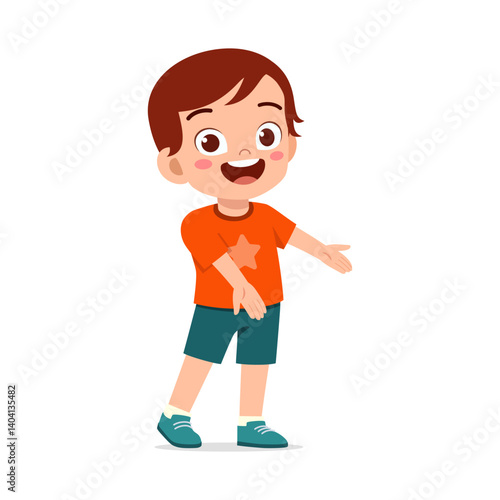 Happy Young Boy Smiling with Arm Raised to Present Something in Cartoon Illustration
