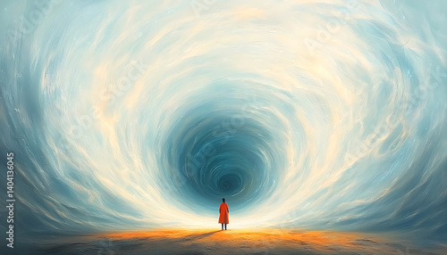 Woman facing cosmic vortex.
