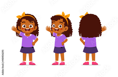 Cute Little Girl Waving Hand Front and Back View Wearing Purple T-Shirt and Skirt Illustration