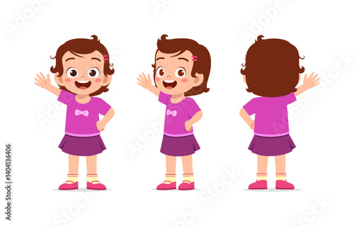 Happy little girl in purple dress waving, showing front and back view, illustration