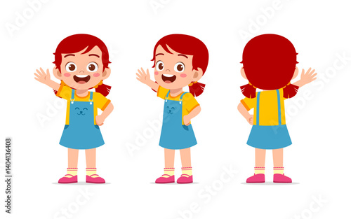 Cute Little Girl in Overalls Waving Hello with Front and Back View in Cartoon Illustration