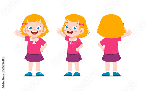 Happy Little Girl Waving Hand Front View and Back View with Orange Hair Illustration