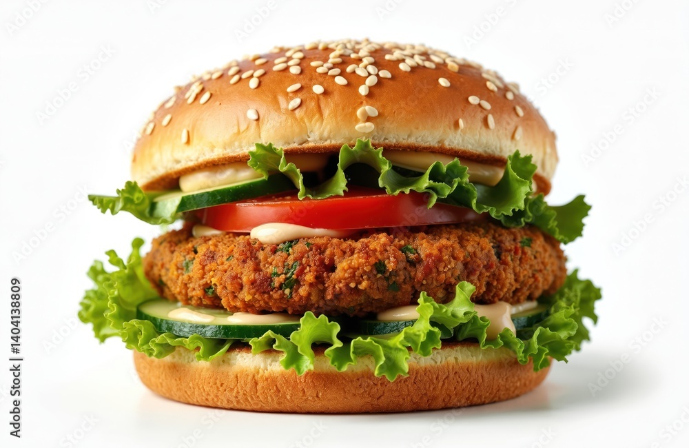 Delicious vegetarian hamburger with falafel patty fresh vegetables and herbs on white background. Take away food, burger delivery concept. Healthy meal option. Close-up shot, isolated. Delicious vegetarian hamburger with falafel patty fresh vegetables and herbs on white background. Take away food, burger delivery concept. Healthy meal option. Close-up shot, isolated.