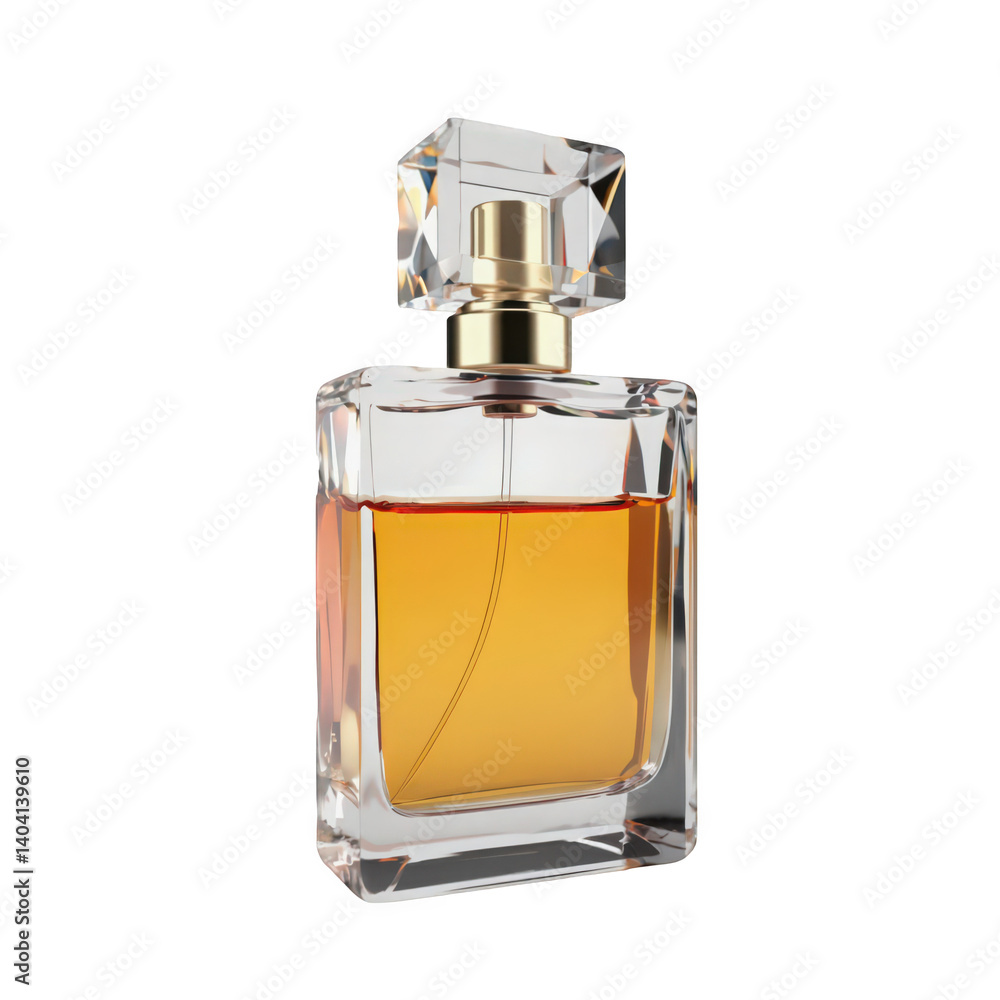 Elegant glass perfume bottle with amber liquid, glamorously styled. Elegant glass perfume bottle with amber liquid, glamorously styled.