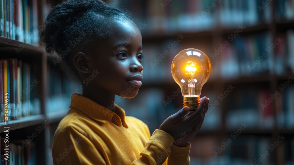equality education volunteer service concept picture of underprivileged African primary student with glowing light bulb in hand at library bookshelves.