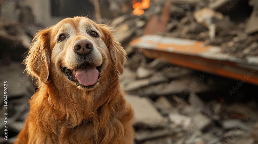 golden retriever rescue dog amidst ruined buldings, searching for survivors under collapsed buildings after earthquake disaster.