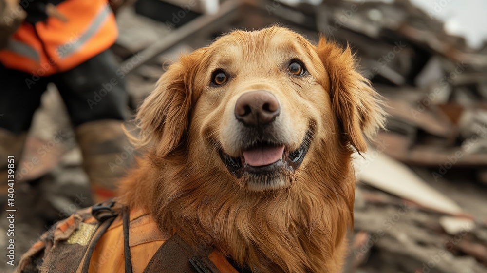 golden retriever rescue dog amidst ruined buldings, searching for survivors under collapsed buildings after earthquake disaster.