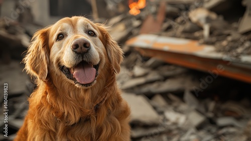Obraz na płótnie golden retriever rescue dog amidst ruined buldings, searching for survivors under collapsed buildings after earthquake disaster. w salonie